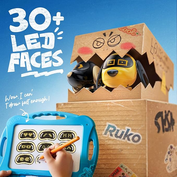 Ruko 18011 Smart Robot Dog Toy for Kids, Interactive Puppy with Remote & Gesture Control, Programmable LED Face Expressions, Fun Gift for Boys & Girls Ages 3 4 5 6 7 8, Yellow