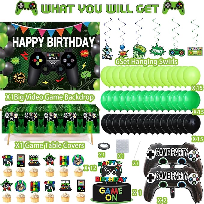77Pcs Video Game Birthday Party Decorations Kit – Gamer Party Supplies with Happy Birthday Backdrop, Hanging Swirls, Foil Balloons, Colorful Balloons, Table Cover & Cake Topper for Game Theme Party