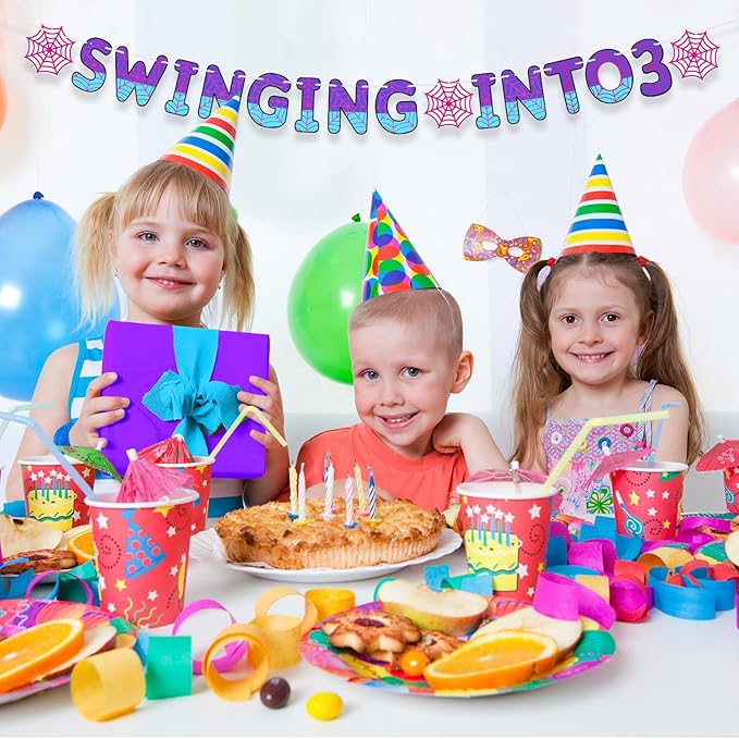 TaoBary Spider Theme 3rd Birthday Banner, Pre-strung Swinging into 3 Banner, Spider 3rd Birthday Decorations Party Supplies for Kids, Third Decor for 3 Year Old Boys Girls(Pink and Purple)
