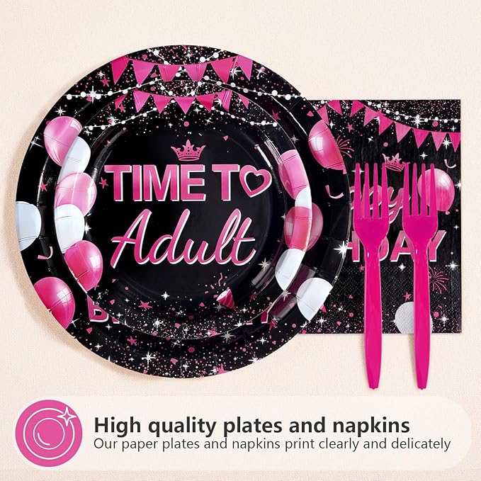 96Pcs 18th Birthday Party Supplies Black and Hot Pink Plates Forks and Napkins Diamond Sweet Theme Disposable Paper Tableware Set for Girls 18 Year Old Birthday Party Supplies Serves 24