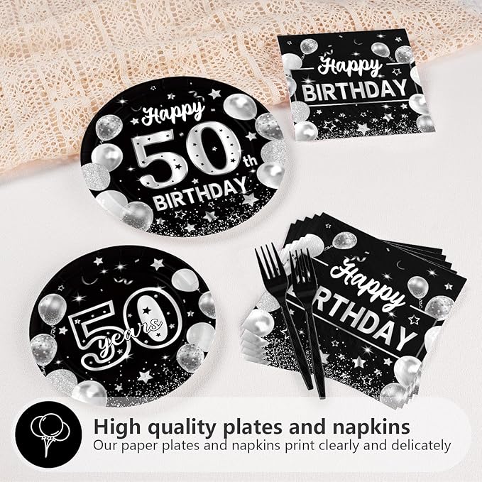 96Pcs Happy 50th Birthday Party Supplies Black and Silver 50th Plates and Napkins Tableware Sets Back in 1975 Birthday Party Decorations for Men Women Cheers to 50 Years Favors Decor Serves 24
