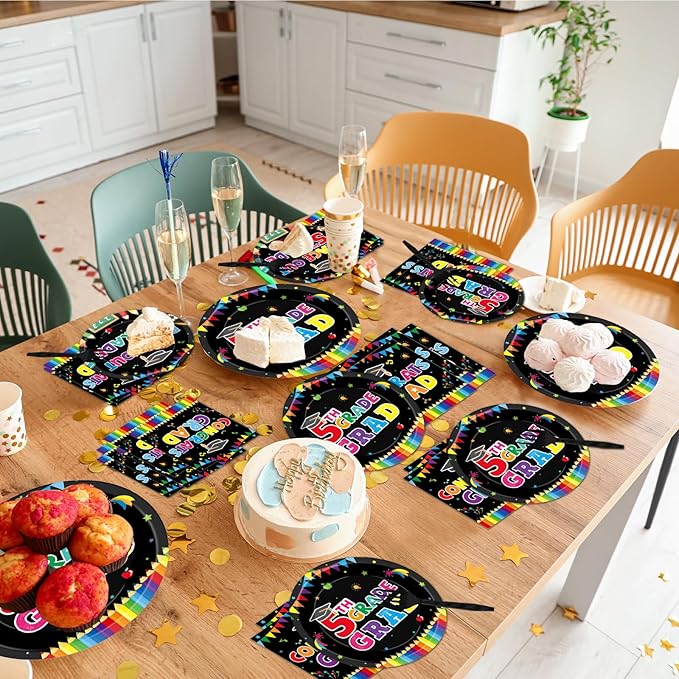 96 Pieces 5th Grade Graduation Party Supplies for 24 Guests Fifth Grade Tableware Plates Napkins Graduation Dinnerware Table Decorations for Classroom 5th Graduation Congrats Grad Party Favors
