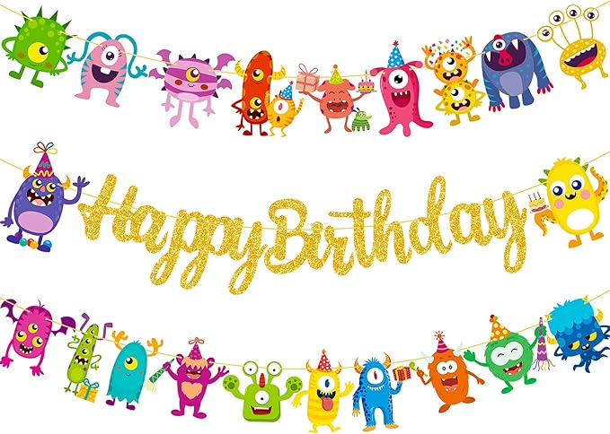 Monster Happy Birthday Banner Monster Bash Birthday Party Supplies Glitter Little Decorations for Kids Little Monster Theme Baby Shower Birthday Banner Supplies