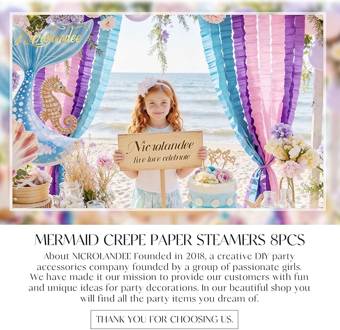 NICROLANDEE 8 Rolls Purple Pink Blue Crepe Paper Streamers 656ft for Girls Birthday, Baby Shower, Mermaid Theme Party Decorations, Princess Birthday Ocean Theme Party Decor for Girls