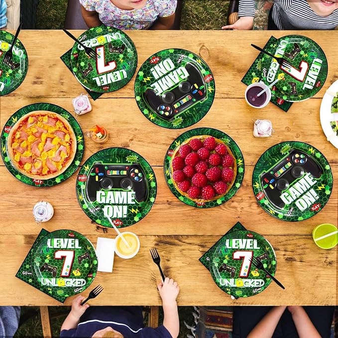 Grencian 96Pcs 7th Birthday Party Decorations Green Video Game Paper Plates Disposable 7th Birthday Paper Tableware Set for Boys 7 Year Old Video Gamer Birth-day Gaming Party, Serves 24