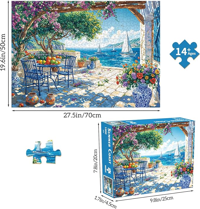 Jigsaw Puzzles for Adults 1000 Pieces, Interlock Perfectly Letter on Back No Dust, Home Decor Birthday Party Gift Toy for Men Women Elders Seniors, 1:1 Poster-Summer Coast