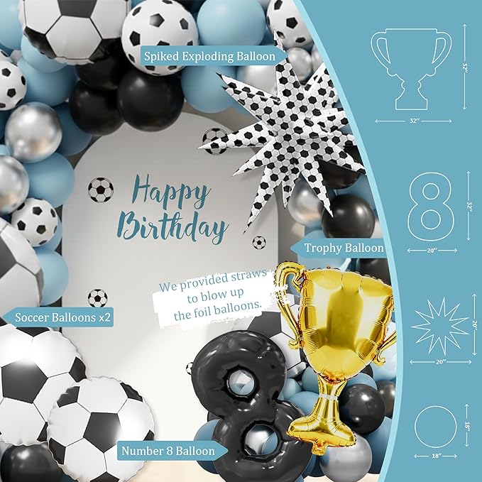 Soccer 8th Birthday Party Decorations Kit for Boys Soccer Birthday Party Supplies Set Soccer Football Party Decor with Backdrop Tablecloth Cake and Cupcake Toppers for 8-Year-Old Kids Boys Party Decor