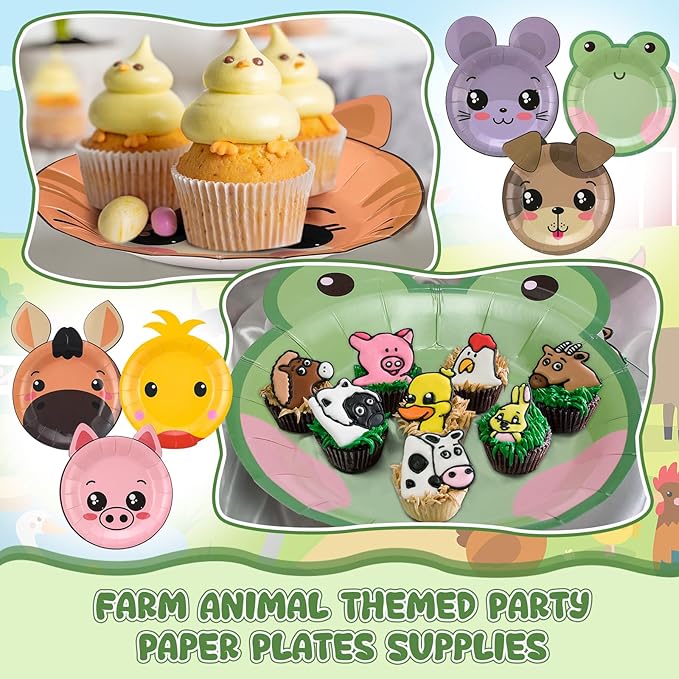 Zhehao 120pcs 7 Inch Farm Party Paper Plates Disposable Farm Animal Shape Plates Theme Supplies Tableware Livestock Animals Cartoon Animal Decorations for Birthday Party