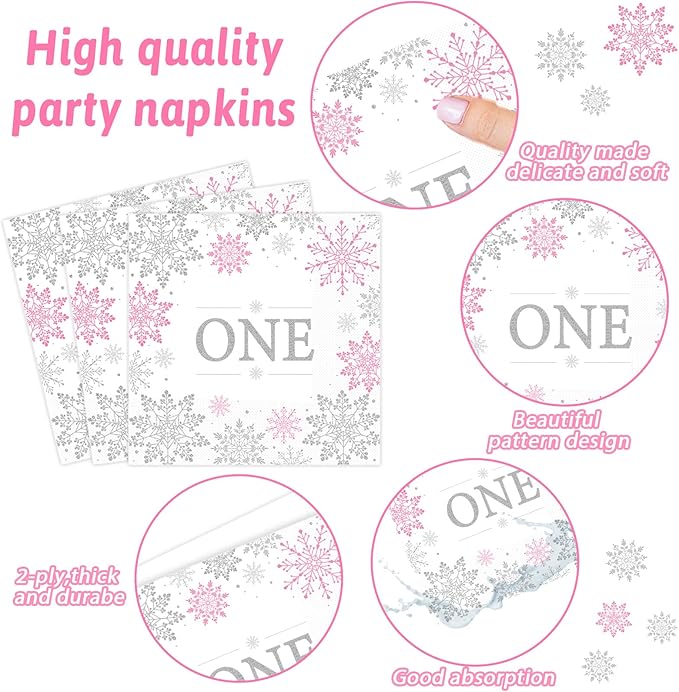 Winter Onederland 1st Birthday Themed Tableware - Snowflake One Plates, Napkins for Baby Girls First Birthday - Disposable Paper Party Decorations Supplies Favors for 24 Guests