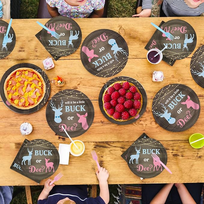 96Pcs Buck or Doe Gender Reveal Party Decorations Rustic Wood Themed Plates and Napkins Blue Pink Deer Disposable Paper Tableware Set for Boy or Girl Gender Reveal Party Supplies Serves 24