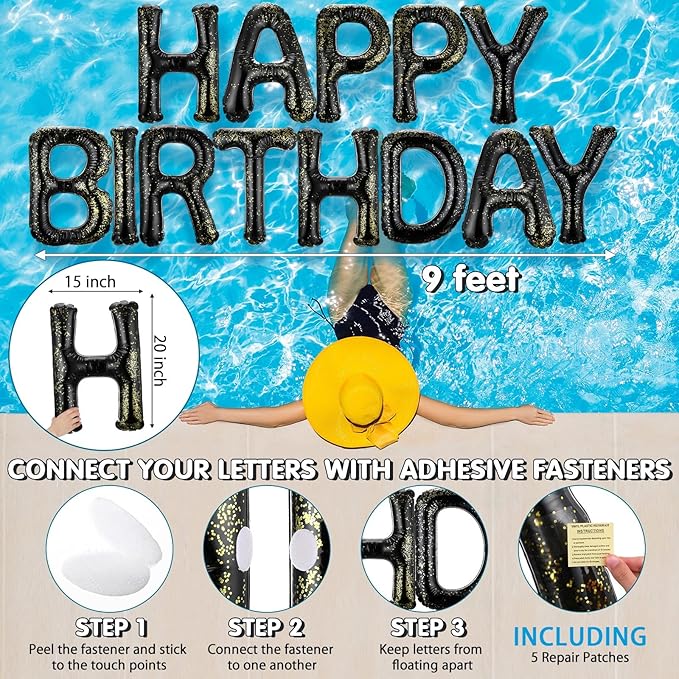 Shappy 20'' Happy Birthday Pool Large Floating Letter Balloons with Adhesive Dots Inflatable Pool Decorations for Summer Birthday Party