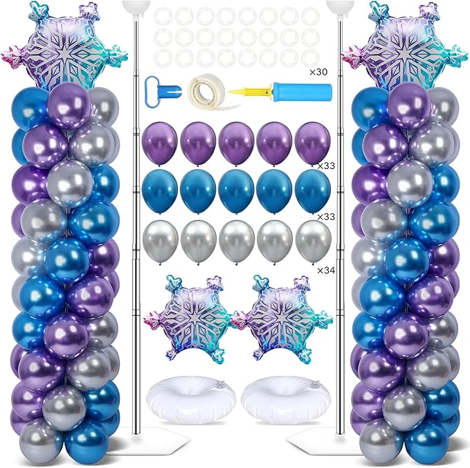 2 Sets Snow Party Balloon Column Stand Kit with 102 Balloons Winter Wonderland 5.57ft Adjustable Balloon Tower Stand with Bases Snowflake Balloons Arch Column for Girl Princess Birthday Party Supplies