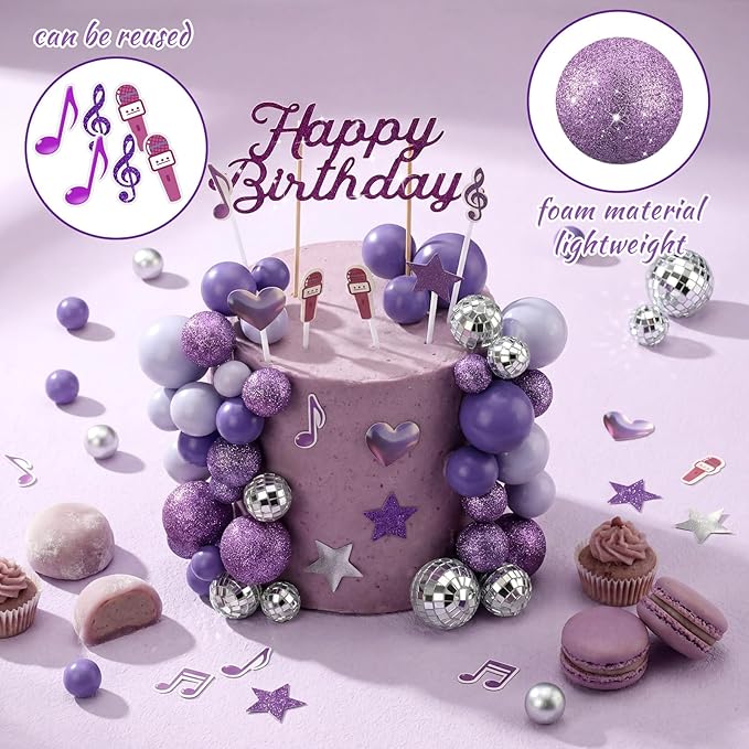 Leinuosen 76 Pcs Kpop Cake Topper Popular Singer Birthday Cake Decoration with Purple Disco Balls Pop Music Birthday Party Decoration Kpop Theme Party Supplies