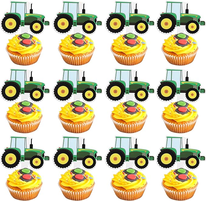 35 Pack Farm Tractor Cupcake Toppers Tractor Truck Car Cupcake Picks Tractor Card Cupcake Decorations for Construction Theme Baby Shower Boys Birthday Party Supplies Green