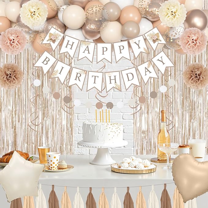 Birthday Decorations for Women, Beige Cream Neutral White Sand Confetti Balloons Boho Happy Birthday Banner Fringe Curtains Hanging Swirls Circle Dots Tassels Pompoms Women Girls Party Supplies
