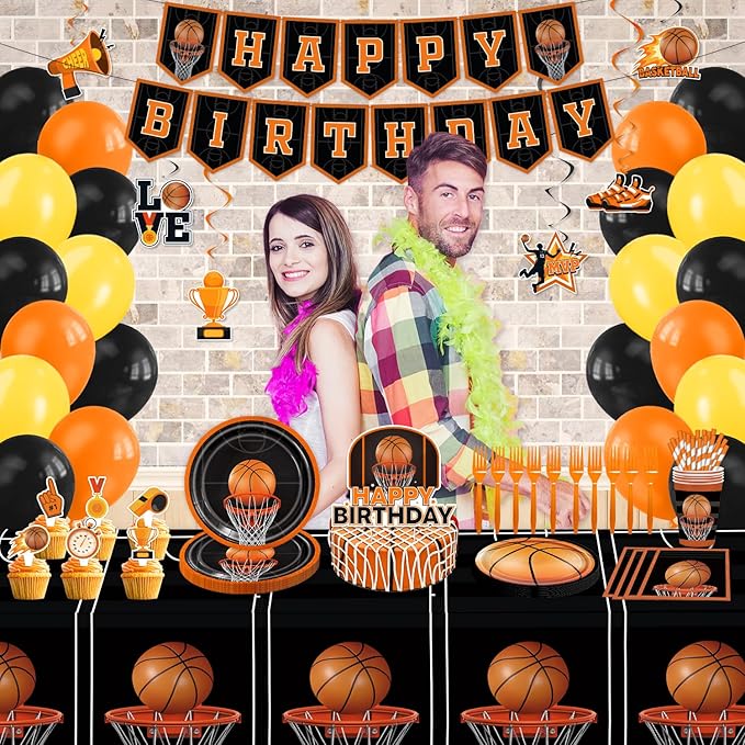 Basketball Birthday Party Decorations - 160PCS Basketball Party Supplies with Banner, Balloons, Hanging Swirls, Plates, Napkins, Cups, Forks, Straws, Tablecloths, Cake Topper, Cupcake Toppers