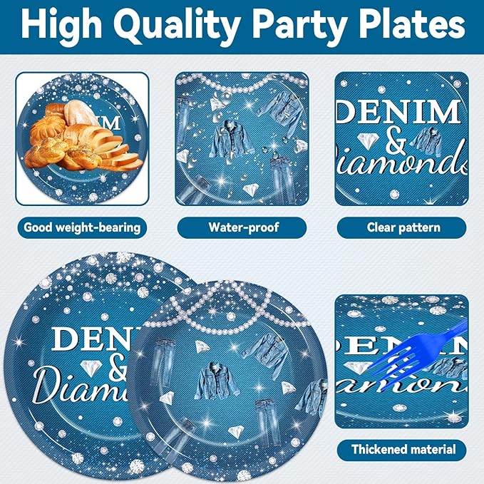 gisgfim 96Pcs Denim and Diamonds Party Plates and Napkin Party Supplies Denim Theme Party Jacket Jeans Tableware Set Crystal Paper Dinner Bachelorette Party Decorations for Wedding Serves 24