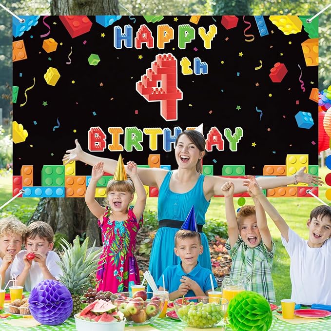 Panelee Building Block Birthday Banner Building Blocks Party Backdrop Decoration Happy Birthday Banner Photography Background for Party, 72.8 x 43.3 Inch (Black,4th)