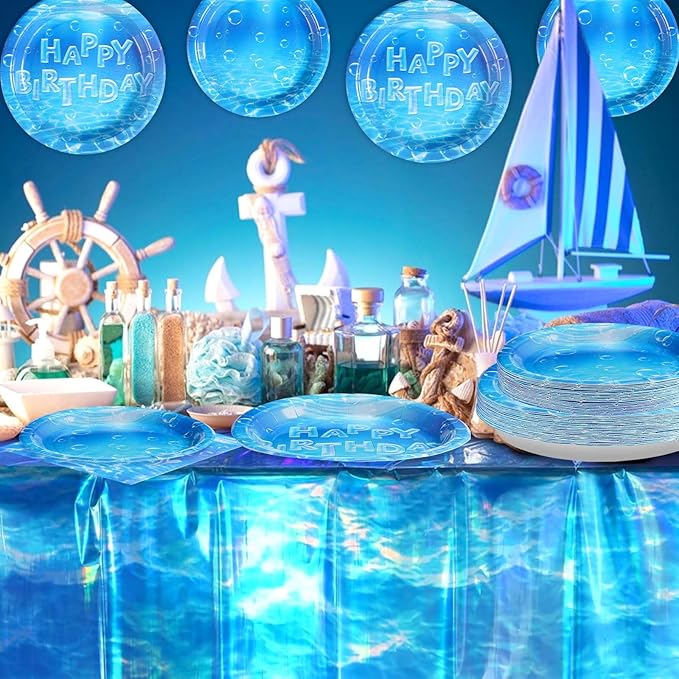 98 Pcs Ocean Themed Party Decor Birthday Ocean Bubble Plates Napkins Forks Tablecloths Disposable Ocean Blue Paper Tableware Set for Kids Boys Birthday Under the Sea Party Supplies Serves 24