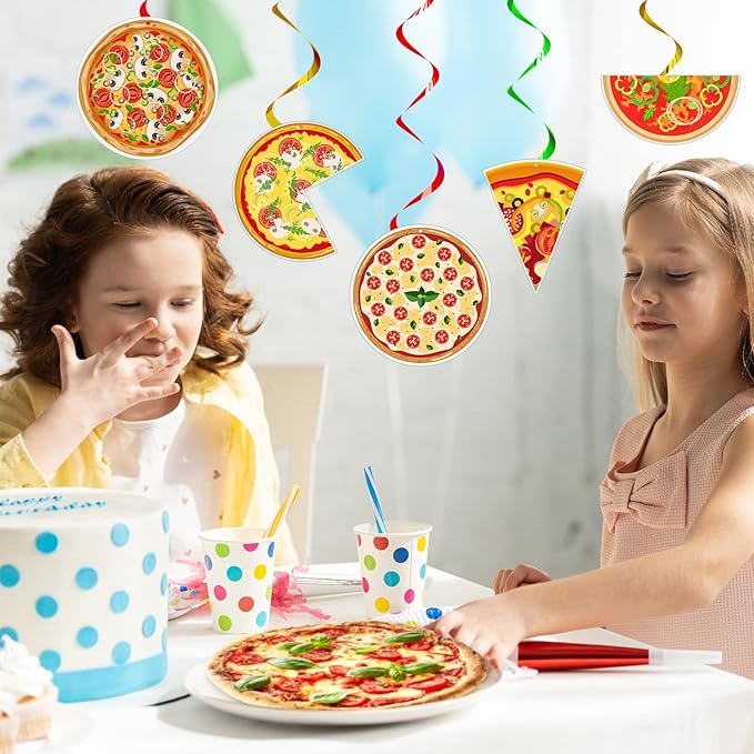 Teling 48 Pcs Pizza Party Decorations Hanging Swirls, Turtle Pizza Theme Birthday Supplies for Adult, Italian Food Party Ceiling Streamers for Classroom & Family Gathering
