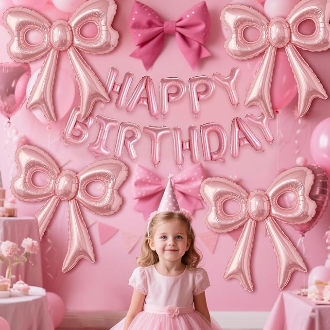 Bow Number 2 Birthday Balloons, 40” Pink Aluminum Foil Balloons Happy Birthday Balloon for Girl 2nd Birthday Party, Princess, Coquette Party Decorations Supplies