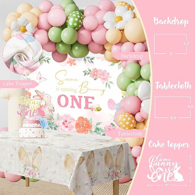 Some Bunny Is One Birthday Party Decorations for Girl, Pink Easter Bunny Rabbit 1st Birthday Supplies, Balloon Garland Kit, High Chair Banner and Backdrop for One Year Old Spring Birthday Girl Décor