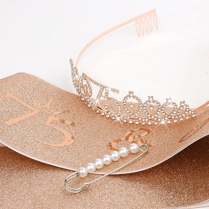 CIEHER 75th Birthday Gift Set - Crown, Sash, Pearl Pin, Decorations and Party Supplies for Women's Fabulous 75th Celebration