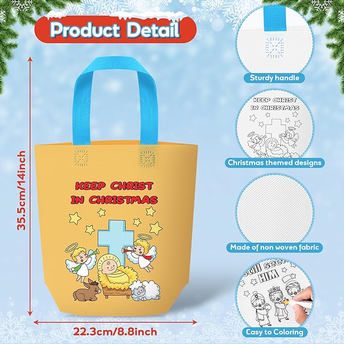 Christmas Coloring Goodie Bags for Kids - 24Pcs Nativity Bulk Color Your Own Gift Bags with Handle Religious Theme Reusable Non Woven Coloring Tote Packet for DIY Painting Crafts Holiday Party Favors