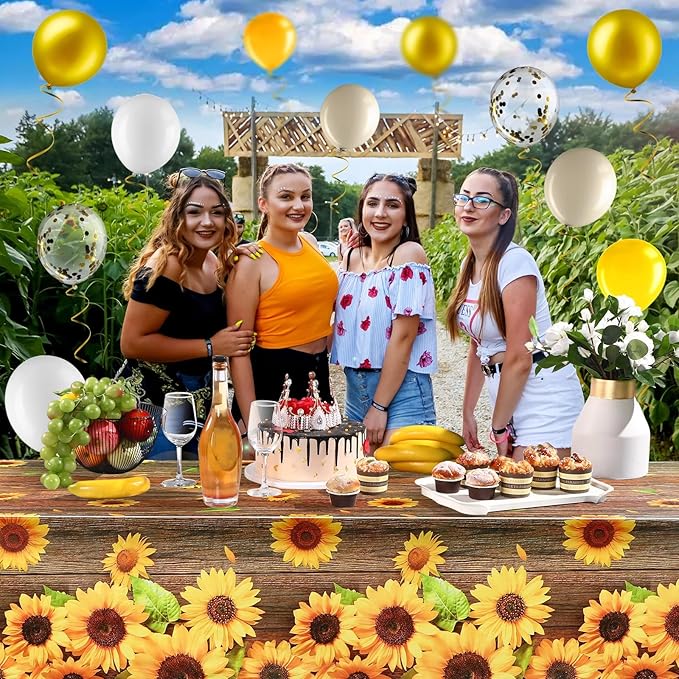 Tiamon 52 Pcs Sunflower Birthday Party Decorations - 50 Gold Yellow Balloons Arch Garlands Kit, 1 Happy Birthday Backdrop Banner, 1 Sunflower Plastic Tablecloths for Wedding Baby Shower Party Supplies
