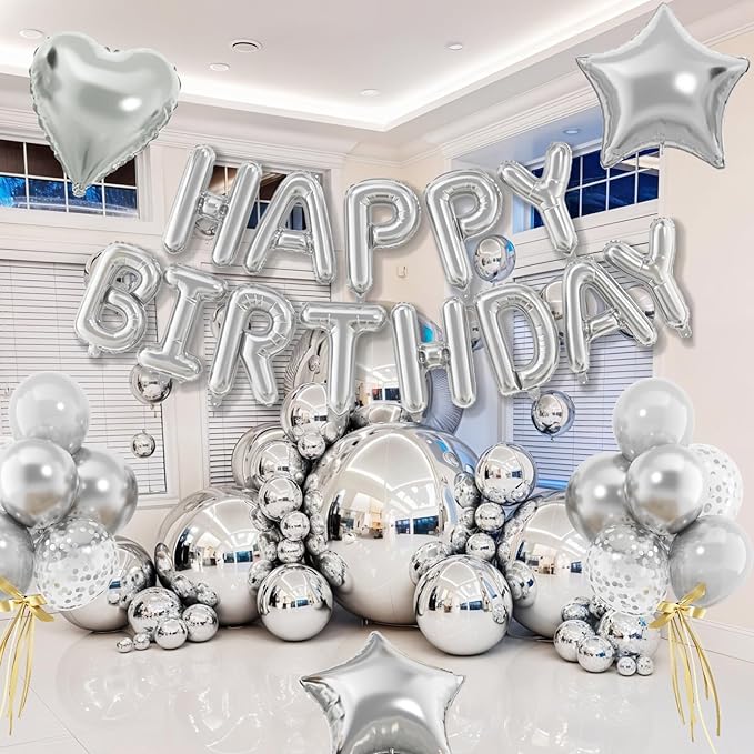 29PC Silver Happy Birthday Balloon Banner, 16 Inch 3D Aluminum Letter Banner Sign, Metallic Silver Pearl Latex Balloons 18 Inch Star Heart Foil Balloons for Women, Men Party Decorations