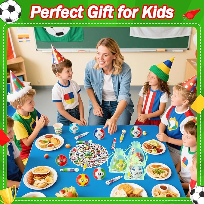 CY2SIDE 12 Pack Soccer Squeeze Toy Party Favor Gift Set with Ballpoint Pen Sticker and Organza Bag 2.5’’ Multi-Soccer Foam Stress Ball Classroom Prize for Kid Sport Lover Birthday Goodies Bag Stuffer