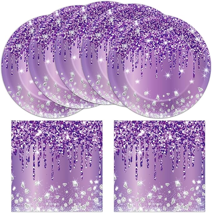 50 Pcs Purple Birthday Plates and Napkins Purple and Silver Happy Birthday Party Supplies for 25 Guests Table Decorations for Women Girl Birthday Decorations Paper Plates Napkins