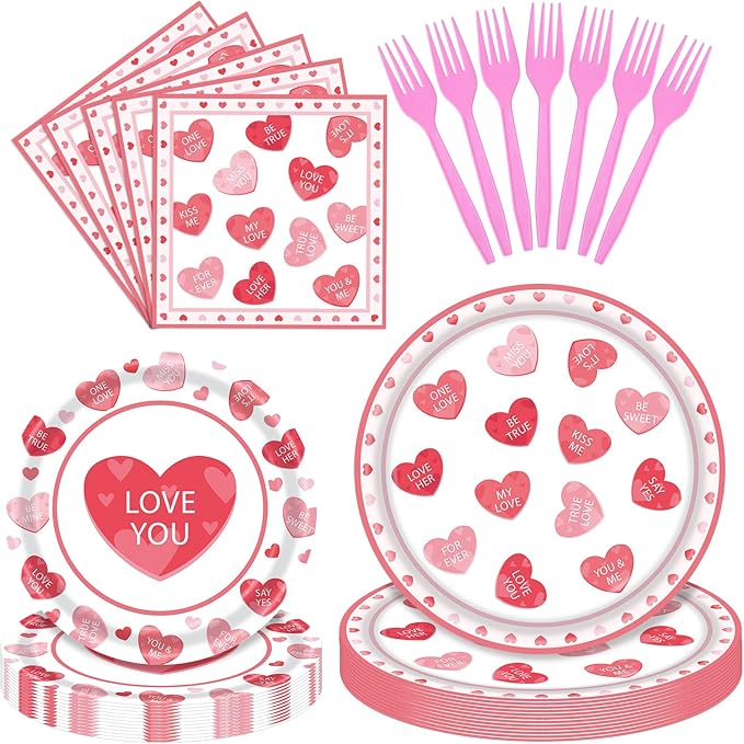96 Pieces Valentine’s Day Tableware Set – Red and Pink Heart Message Disposable Plates, Napkins, Forks For Valentine’s Parties, Weddings, Anniversaries, Romantic Dinners – Serves 24 Guests