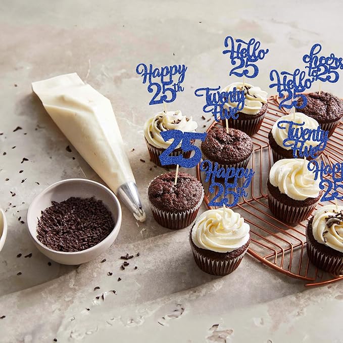 30pcs 25th Birthday Cupcake Toppers - 25th Anniversary Cheers to 25 Years Old Cake Decorations - Deep Blue Glitter