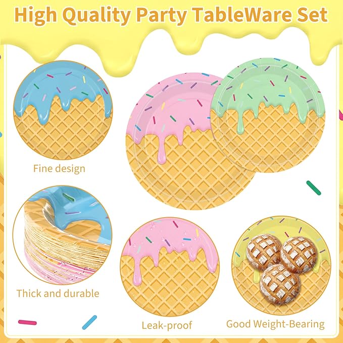 450 Pcs Ice Cream Tableware Set Decorations Summer Ice Cream Cone Paper Plates Napkins Cups Cutlery Straws for Sweet One Birthday Baby Shower Party Supplies, Serves 50