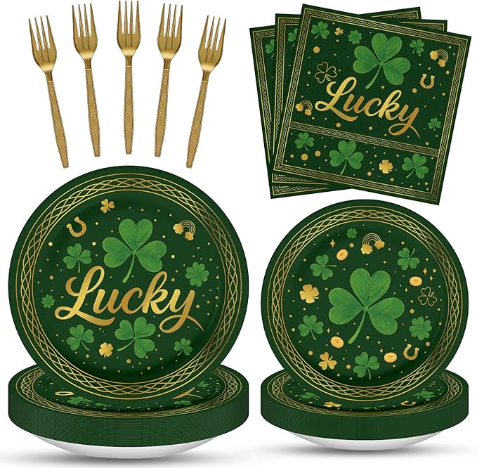 100 Pcs St. Patrick's Day Tableware Party Supplies, Serves 25, Disposable Green Clover and Lucky Design Paper Plates, Napkins, and Gold Forks, St. Paddy's Day Dinner, Irish or Spring Decorations