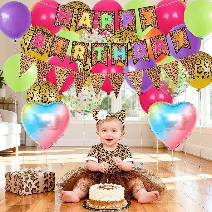 Leopard Print Happy Birthday Decorations, Gold Cheetah Print Animal Balloons Rainbow Heart Balloon with Birthday Banner for Safari Wild Birthday Baby Shower Jungle Zoo Theme Party Supplies