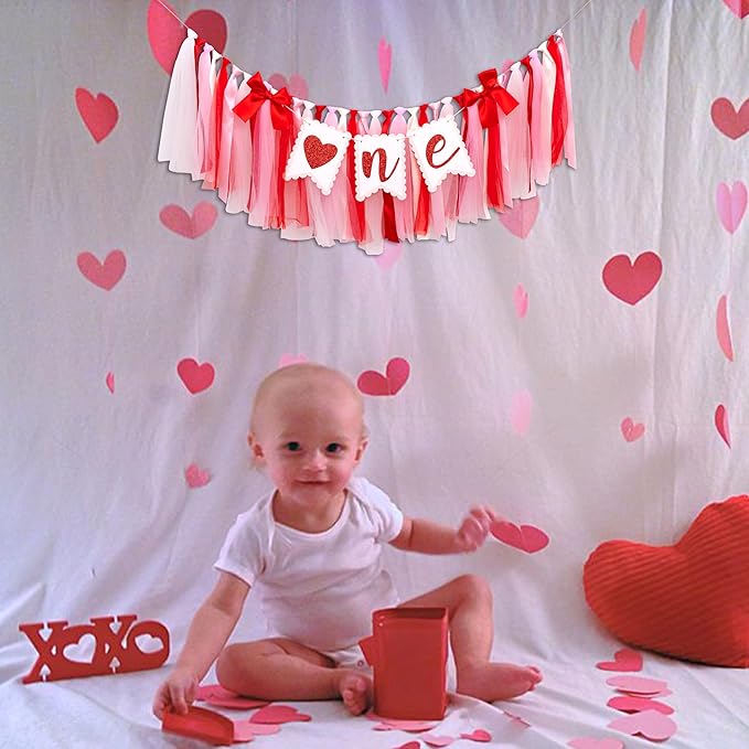 Valentine's Day One High Chair Banner - Valentine's Day Themed First Birthday Party Decoration Supplies Banner, Sweet 1st Birthday Party Banner, Sweetheart Sign Anniversary Milestone Celebration Highchair Banner