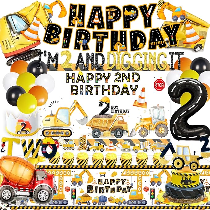 Construction Birthday Party Supplies for 2 Year Old Boy, 2nd Birthday Decorations For Boys, include- Backdrop, Cake, and Cupcake Toppers, Balloons, Cupcakes Wrappers, Banner