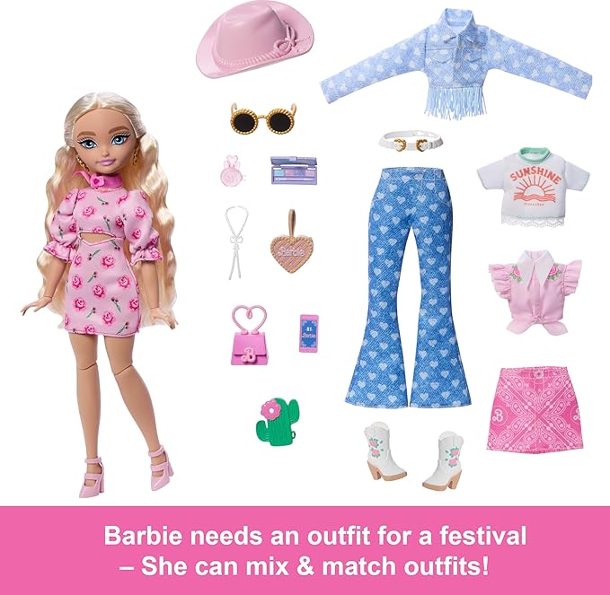 Barbie Dream Besties Festival Looks Set, Including Barbie “Malibu” Doll with Long, Blonde Stylized Hair, 10+ Removable Fashions & Accessories
