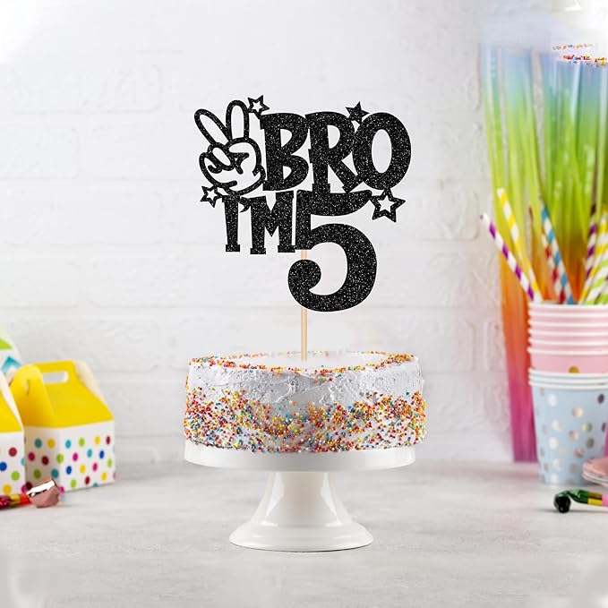 1 PCS Brother I'm 5 Cake Topper Glitter Star Happy 5th Birthday Cake Pick Bro I'm 5 Cake Decoration It's My 5th Birthday Decorations for Boys Cheers to 5 Years Old Birthday Party Supplies Black