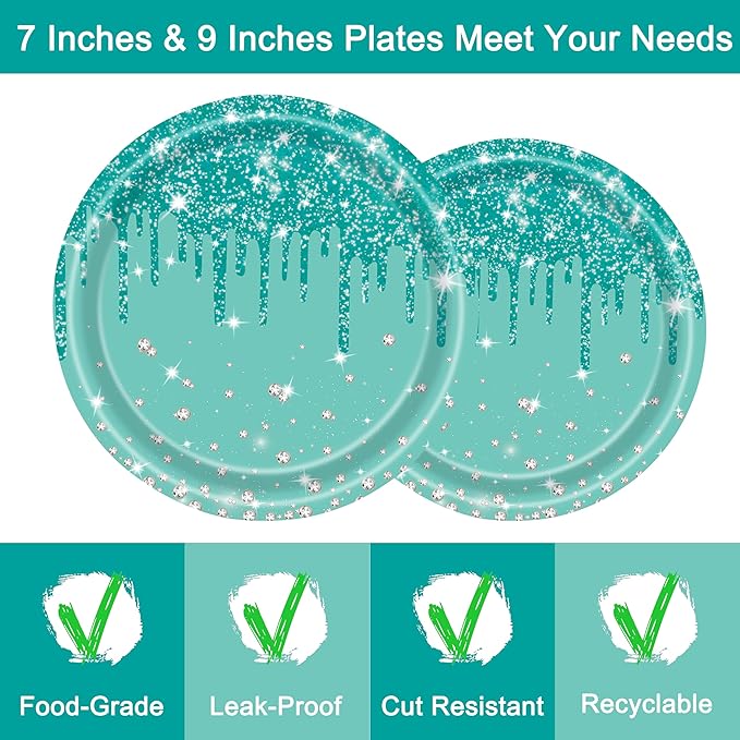 96 Pcs Blue Green Silver Birthday Party Plates Napkins Forks Supplies Tableware Set Disposable Paper Glitter Theme Decoration for Kids, Serves 24 Guests