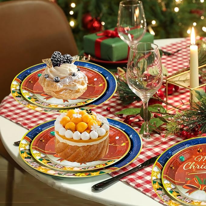 180PCS Christmas Paper Plates and Napkins, Disposable Dinner Plates and Napkins Set for 60 Guests, Party Table Decorations