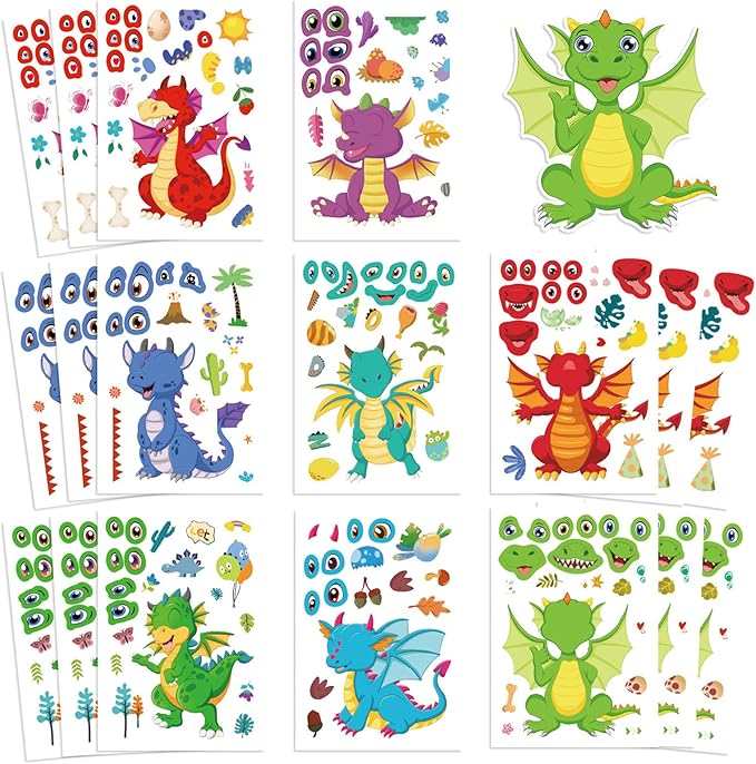 24 Sheet Dragon Stickers Make Your Own Dragon Sticker for Kids 3+, Cartoon Make-a-face Sticker Girls Boys Dragons Birthday Party Decorations,DIY Dragons Craft Birthday Party Favor Supplies