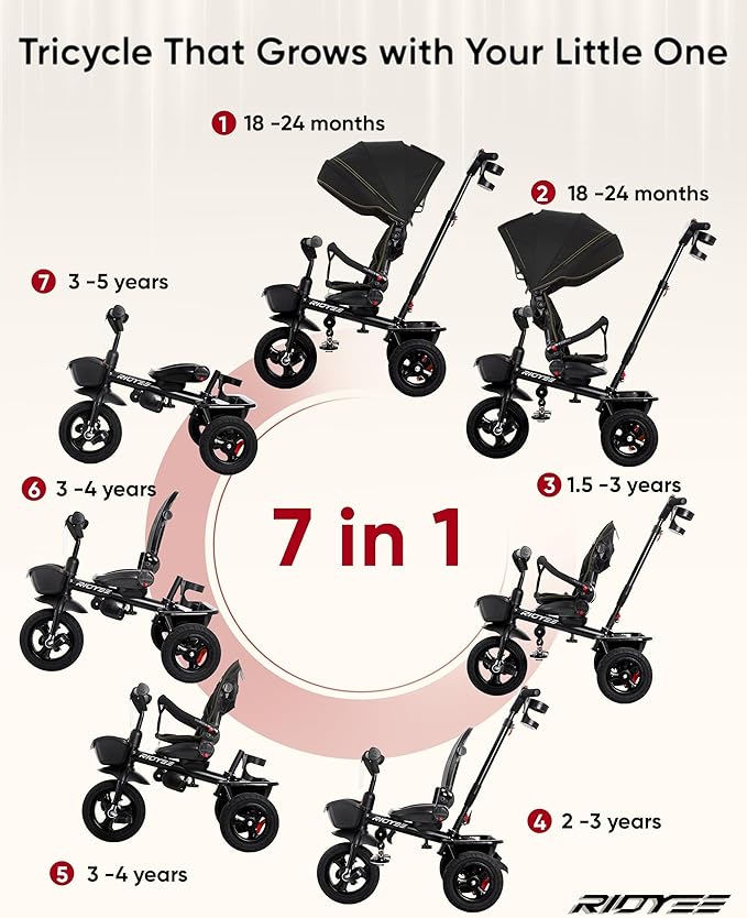 7-in-1 Tricycle for 18 Months to 5 Years, All-Terrain Rubber Tires, Dual Wheel Brakes, Rotatable Seat for Toddlers 1.5-3, Tricycle for 3-5 Years with DIY Stickers, Black