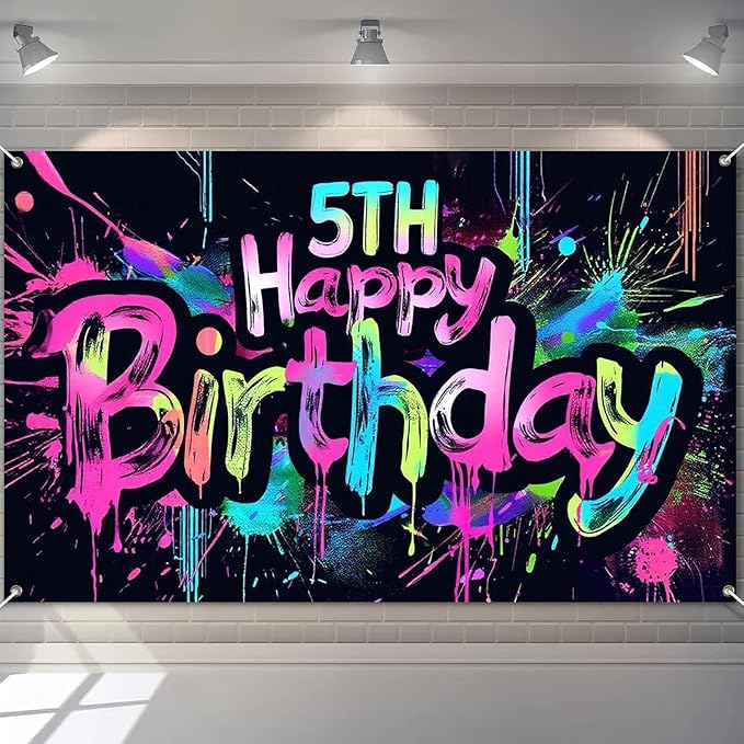 Neon 5th Happy Birthday Banner 71x43 Inch Paint Splatter Glow in The Dark Party Backdrop Colorful Wall Decor for Kids Boys Girls Fifth Birthday Celebrations Booth Props and Event Supplies