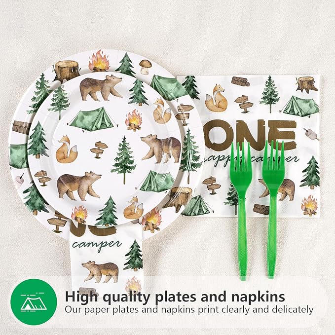 96 Pcs One Happy Camper Birthday Decorations Disposable Happy Camper Paper Plates and Napkins Tableware Set Camping 1st Birthday Party Supplies for Boys Adventure First Birthday Party Decor Serves 24