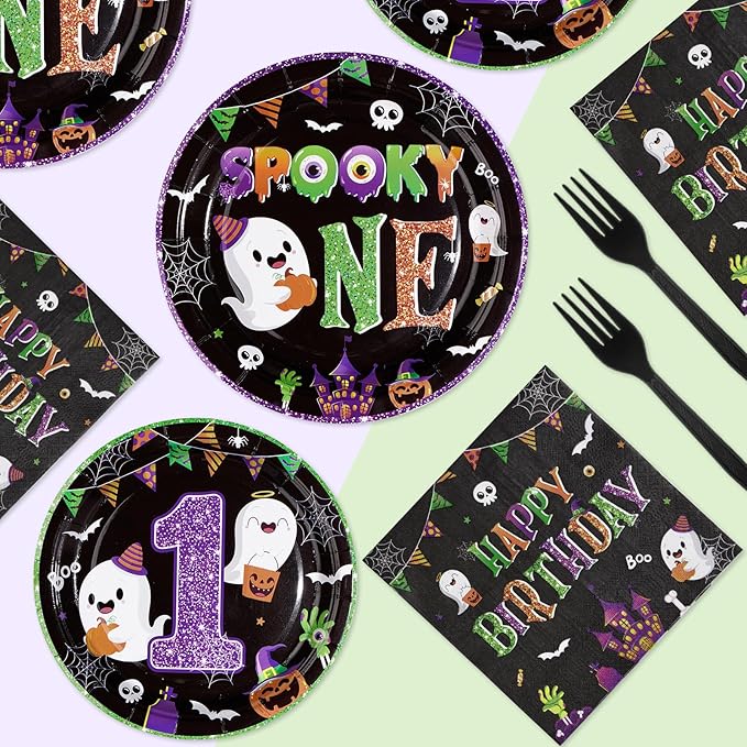 96Pcs Halloween 1st Birthday Party Supplies Spooky One Party Plates and Napkins Halloween Cartoon Ghost Black Purple Tableware Set for Boys or Girls First Birthday Decorations, Serves 24