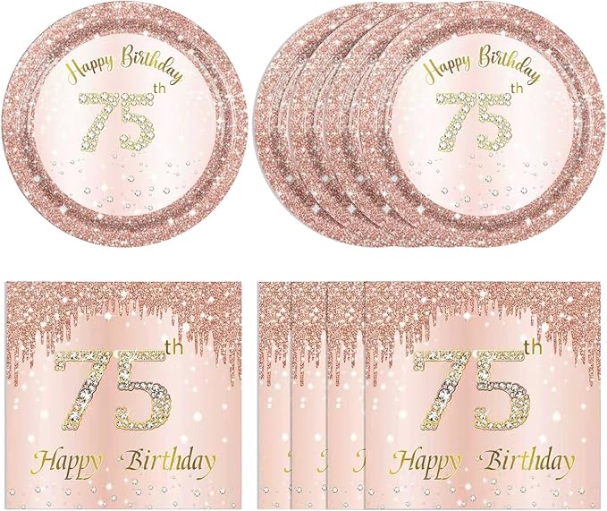 75th Birthday Decorations for Women,75th Birthday Party Plates and Napkins,Rose Gold 75 Year Old Party Theme Tableware 75 Party Table Decorations Supplies,Disposable 7'' Paper Plates, Napkins