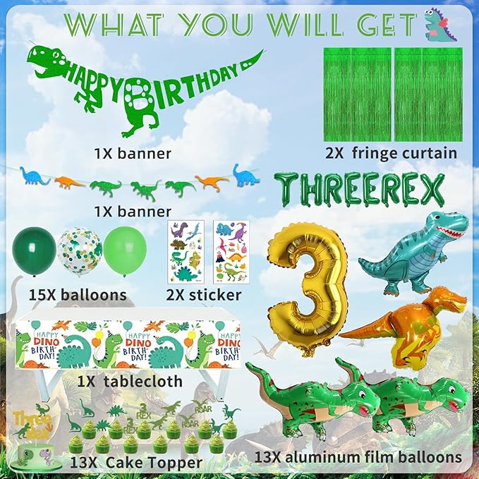 Three Rex Birthday Party Decorations Boy, Dinosaur 3rd Birthday Party Supplies Include Banner Tablecloth Fringe Curtains Three Rex Balloons Cake Toppers Stickers for 3 Rex Birthday Decorations Boys